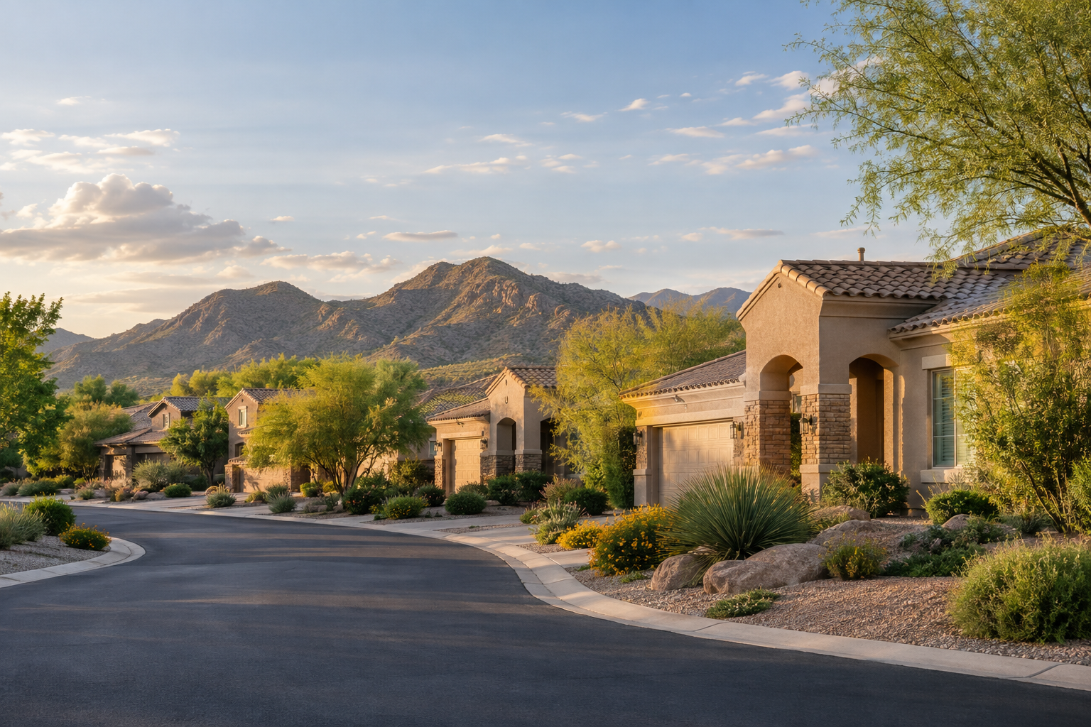 Southwestern homes with desert landscaping and foothills in the distance.